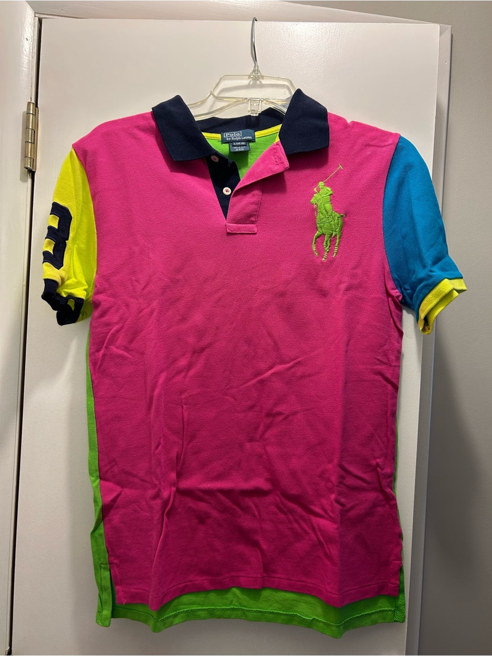 Ralph Lauren Colorblock Polo in Hot Pink, Neon Green, Bright Blue
